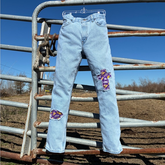 George Light Blue Straight Jeans with Purple/Gold LSU Tigers Patches - Picture 3 of 11